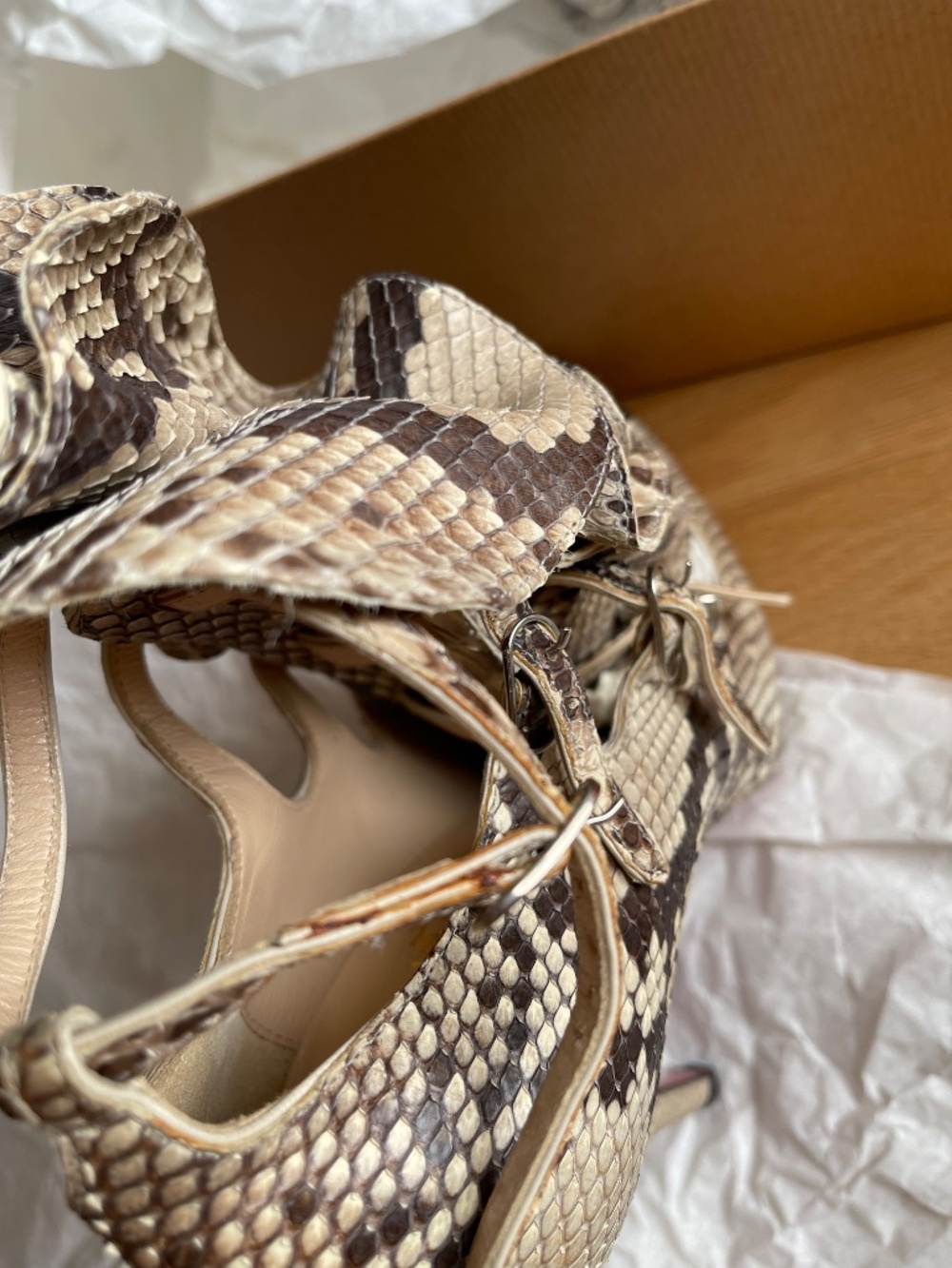 Christian Louboutin Snake-Print Ruffle Ankle Heels in Beige and Brown - Picture 13 of 14